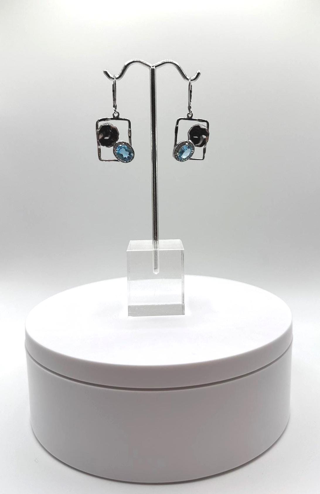 Swiss Blue Topaz Modern Geometric Dangle Earrings - Weight 5.22 Grams