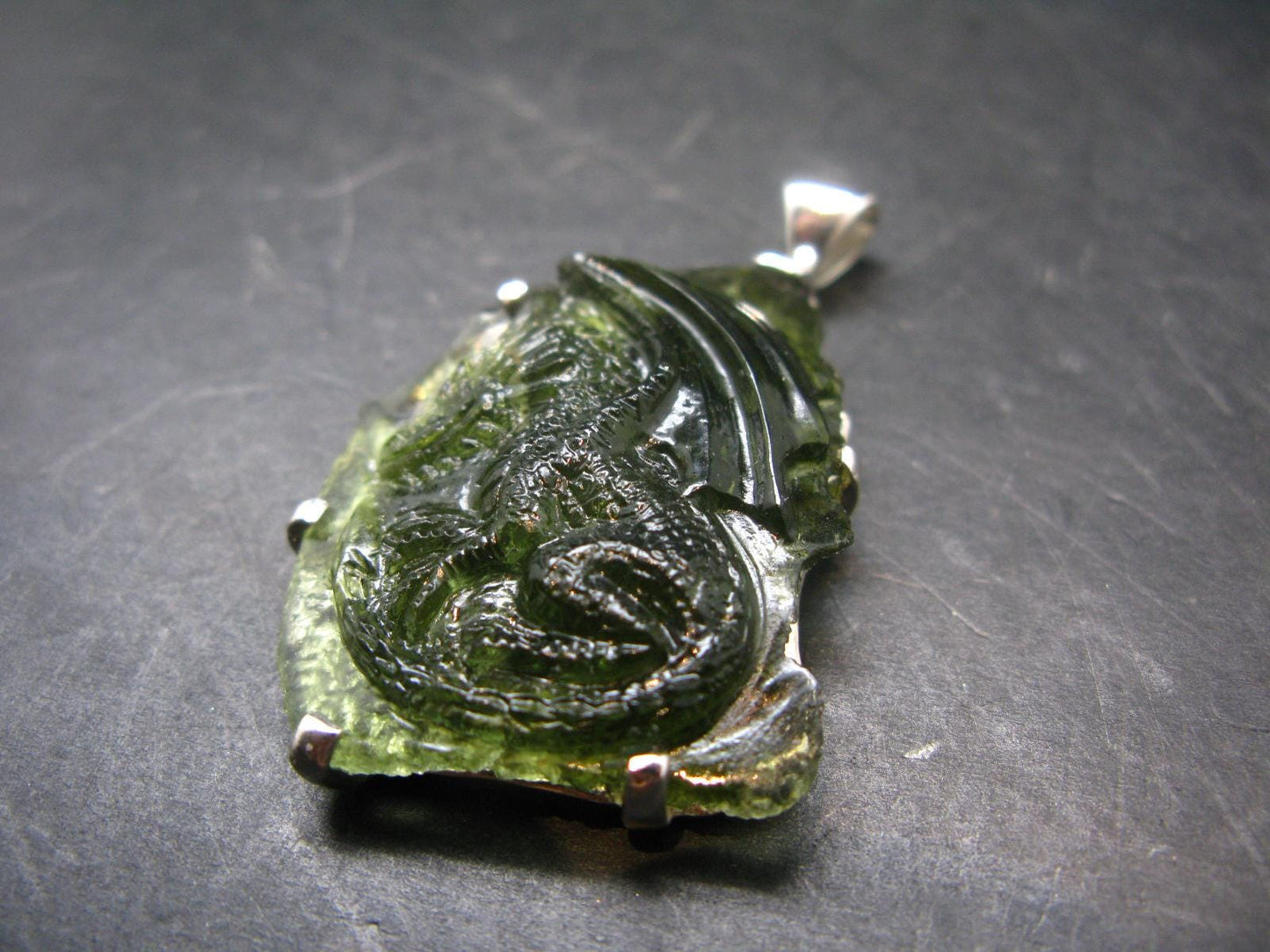 Moldavite Tektite Silver Dragon Pendant from Czech Republic - 2.2" - 15.96 Grams