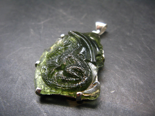 Moldavite Tektite Silver Dragon Pendant from Czech Republic - 2.2" - 15.96 Grams