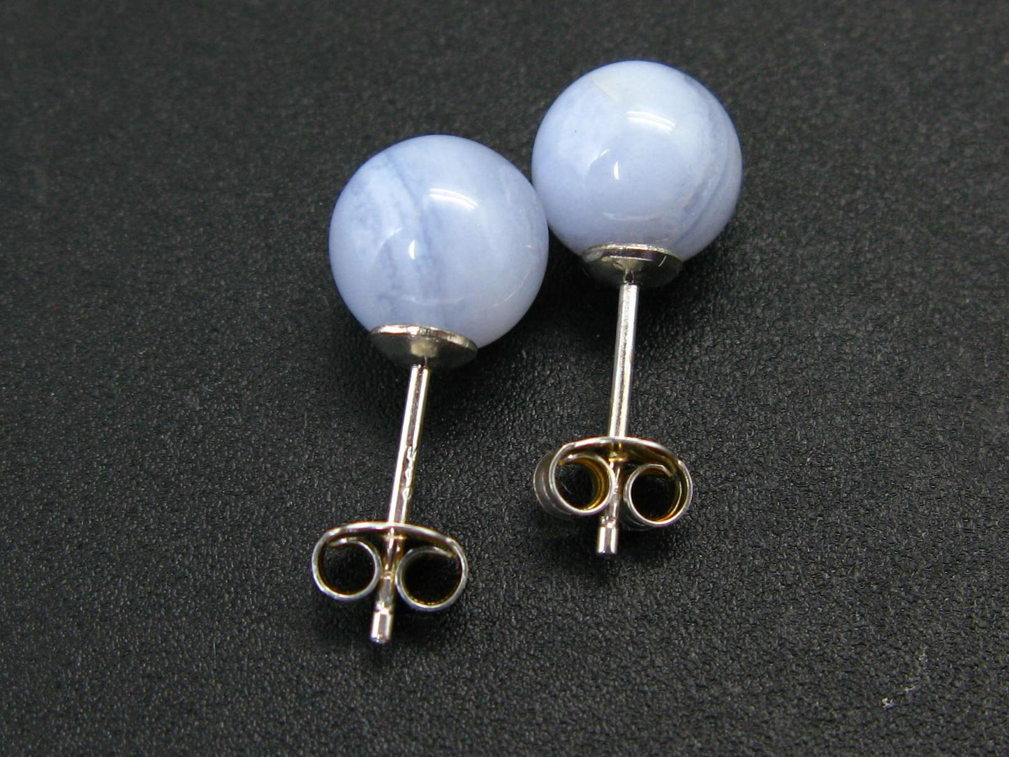 The Most Classic Earring Styles!! Natural 8mm Round / Ball Blue Lace Agate Gemstones 925 Silver Stud Earrings
