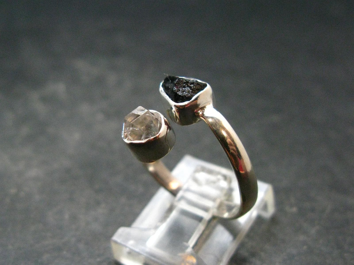 Black Tourmaline And Herkimer Diamond Silver Ring - Size 9 - 2.62 Grams
