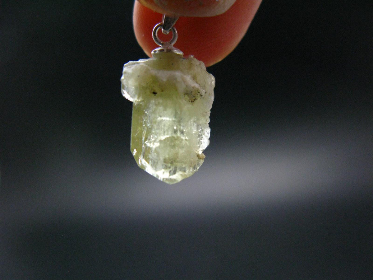Rare Gemmy Yellowish-Green Brazilianite Terminated Crystal Silver Pendant From Brazil - 0.8" - 1.47 Grams