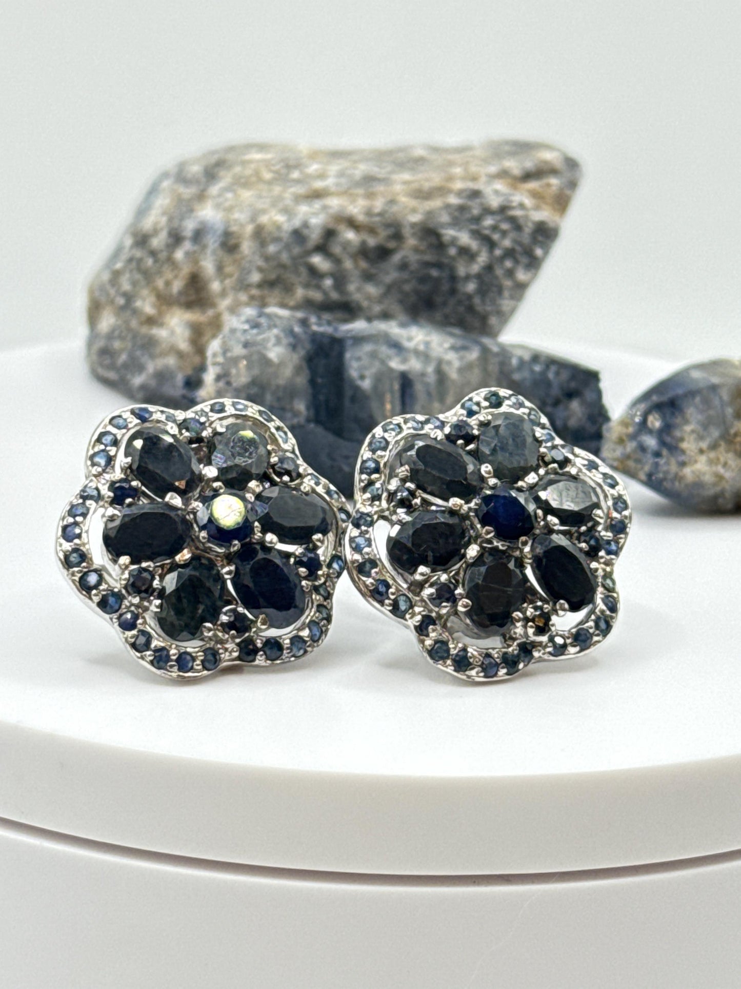Floral Sapphire Earrings | Natural Blue Sapphire Jewelry | Sterling Silver Stud Earrings | September Birthstone Gift - Weight 15.58 Grams