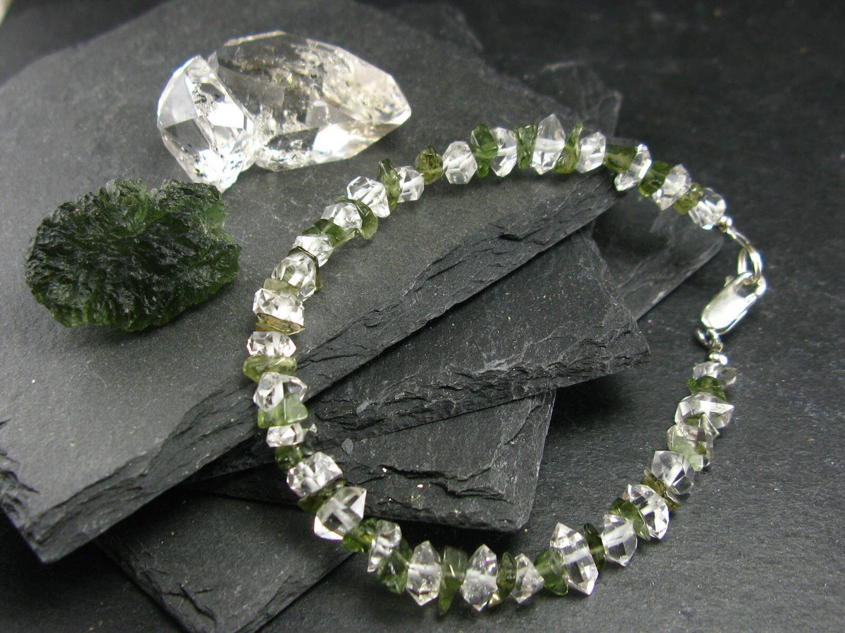 Moldavite & Herkimer Diamond Genuine Bracelet ~ 7 Inches ~ 8mm Crystal Beads