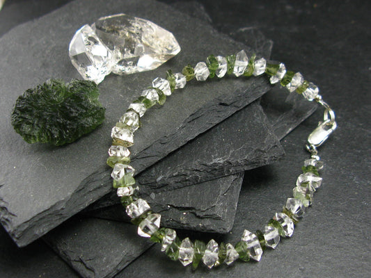 Moldavite & Herkimer Diamond Genuine Bracelet ~ 7 Inches ~ 8mm Crystal Beads