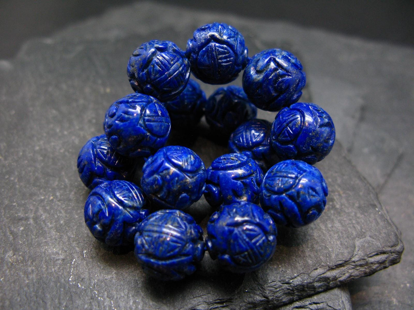 Lapis Lazuli Lazurite Genuine Bracelet ~ 7 Inches ~ 12mm Carved Beads