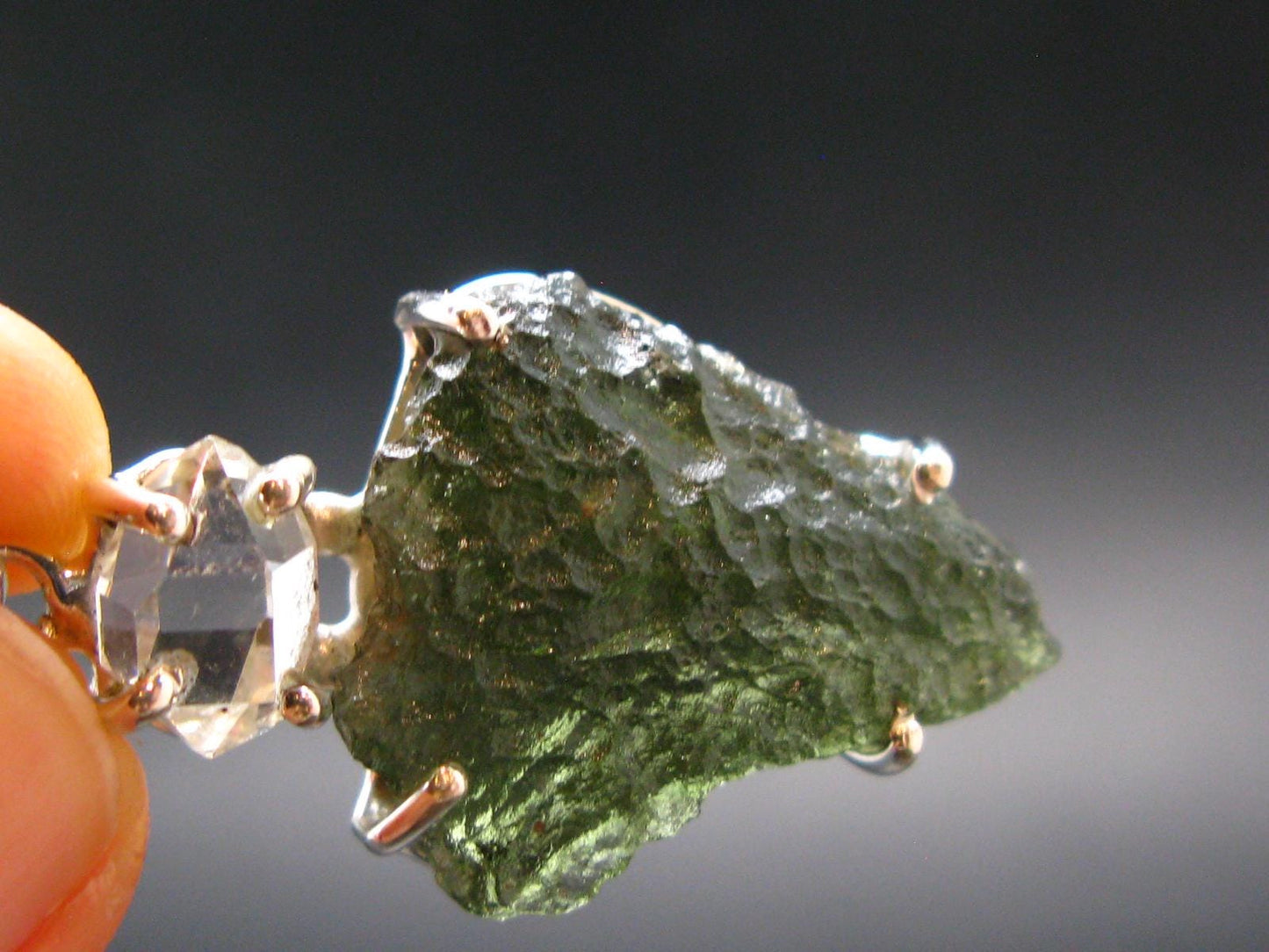 Moldavite & Herkimer Diamond Silver Pendant - 1.7" - 6.7 Grams