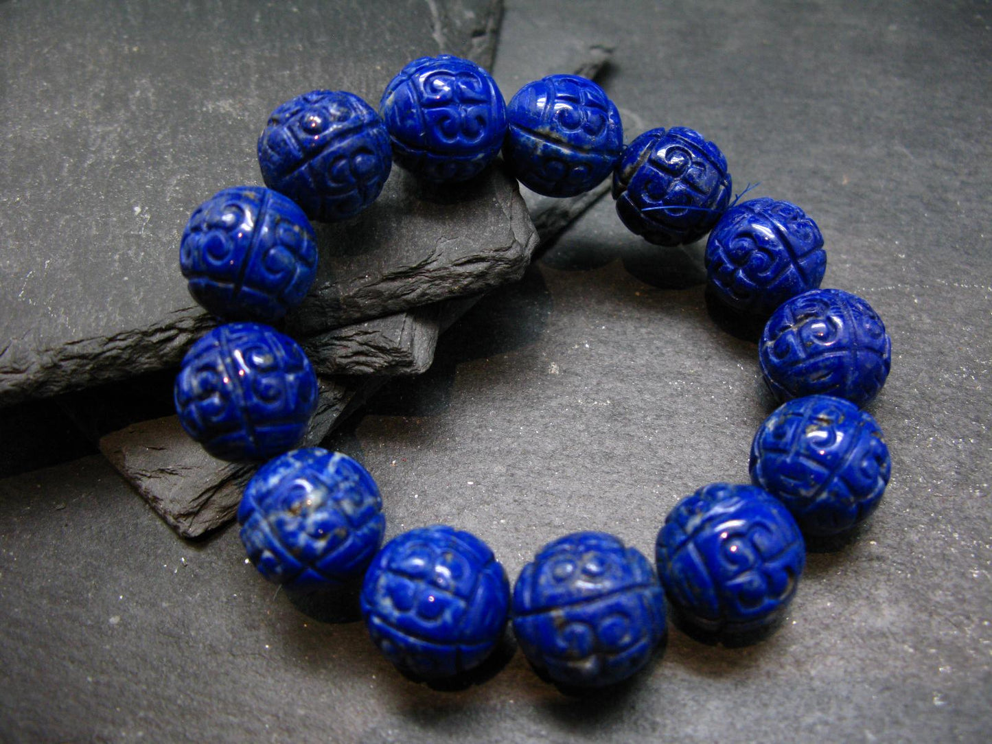 Lapis Lazuli Lazurite Genuine Bracelet ~ 7 Inches ~ 16mm Carved Beads