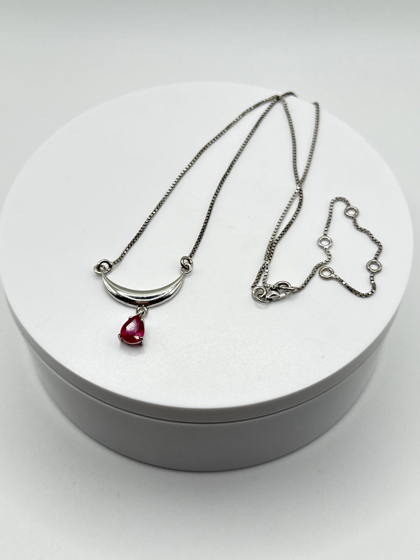 Ruby Crescent Moon Necklace | Sterling Silver | 11" Short Necklace | July Birthstone Jewelry