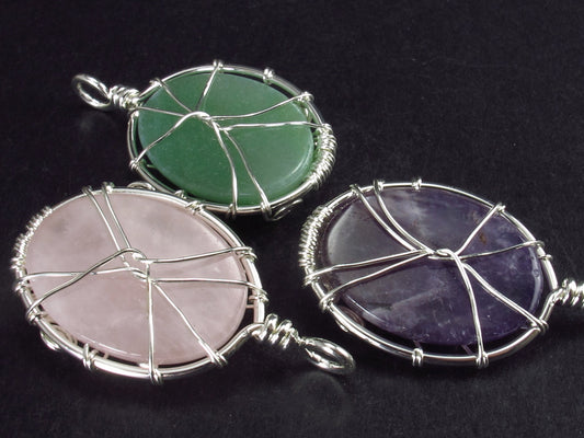 Set of 3 Natural Gem Green Aventurine Rose Quartz Amethyst Pendant Tree of Life