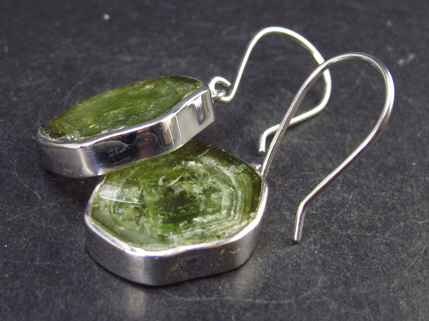 Natural Fabulous Asymmetrical Green Tourmaline Sterling Silver Earrings - 1.7" - 8.3 Grams