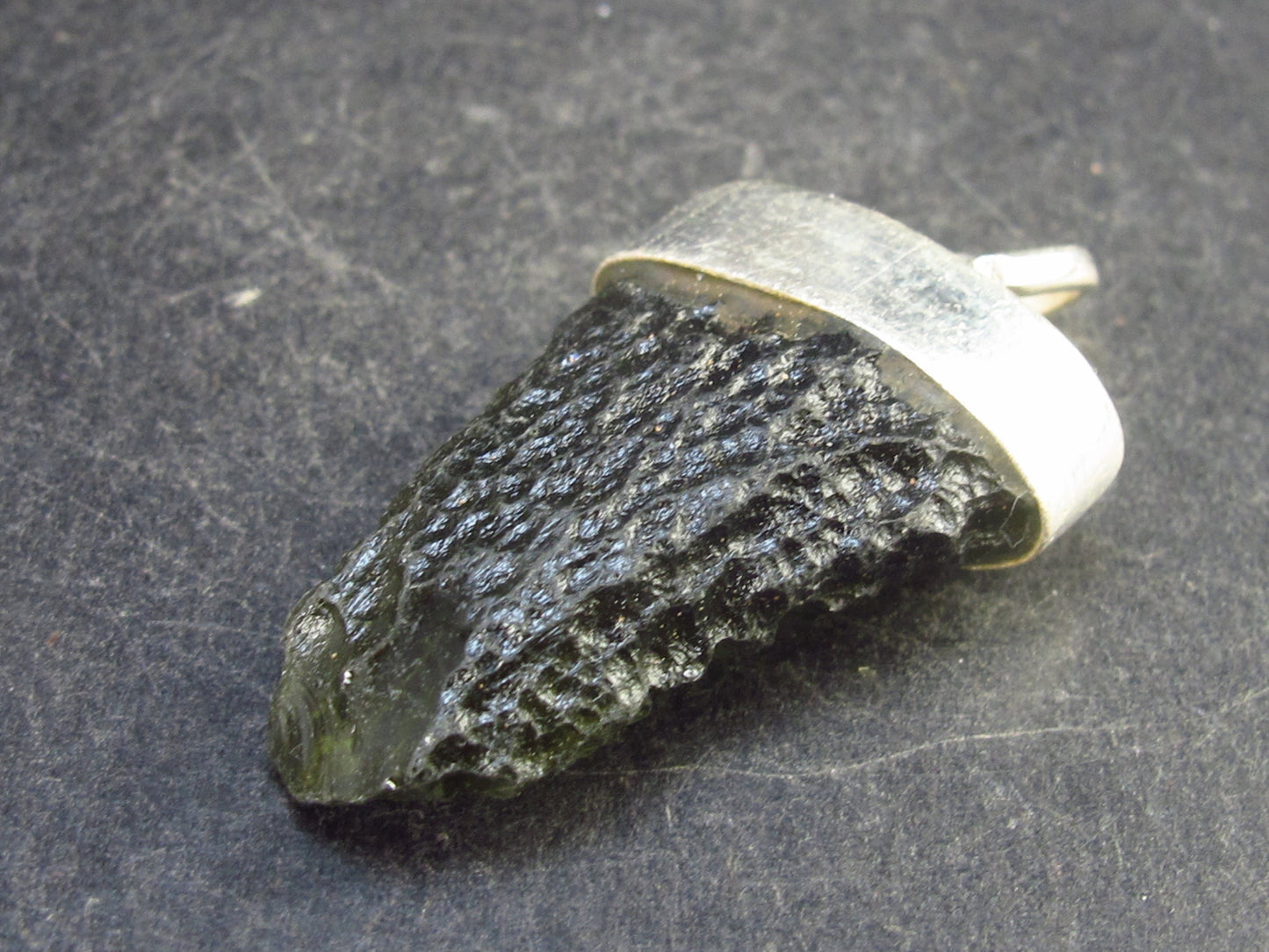 Raw Moldavite Tektite Silver Pendant from Czech Republic - 1.5" - 5.8 Grams