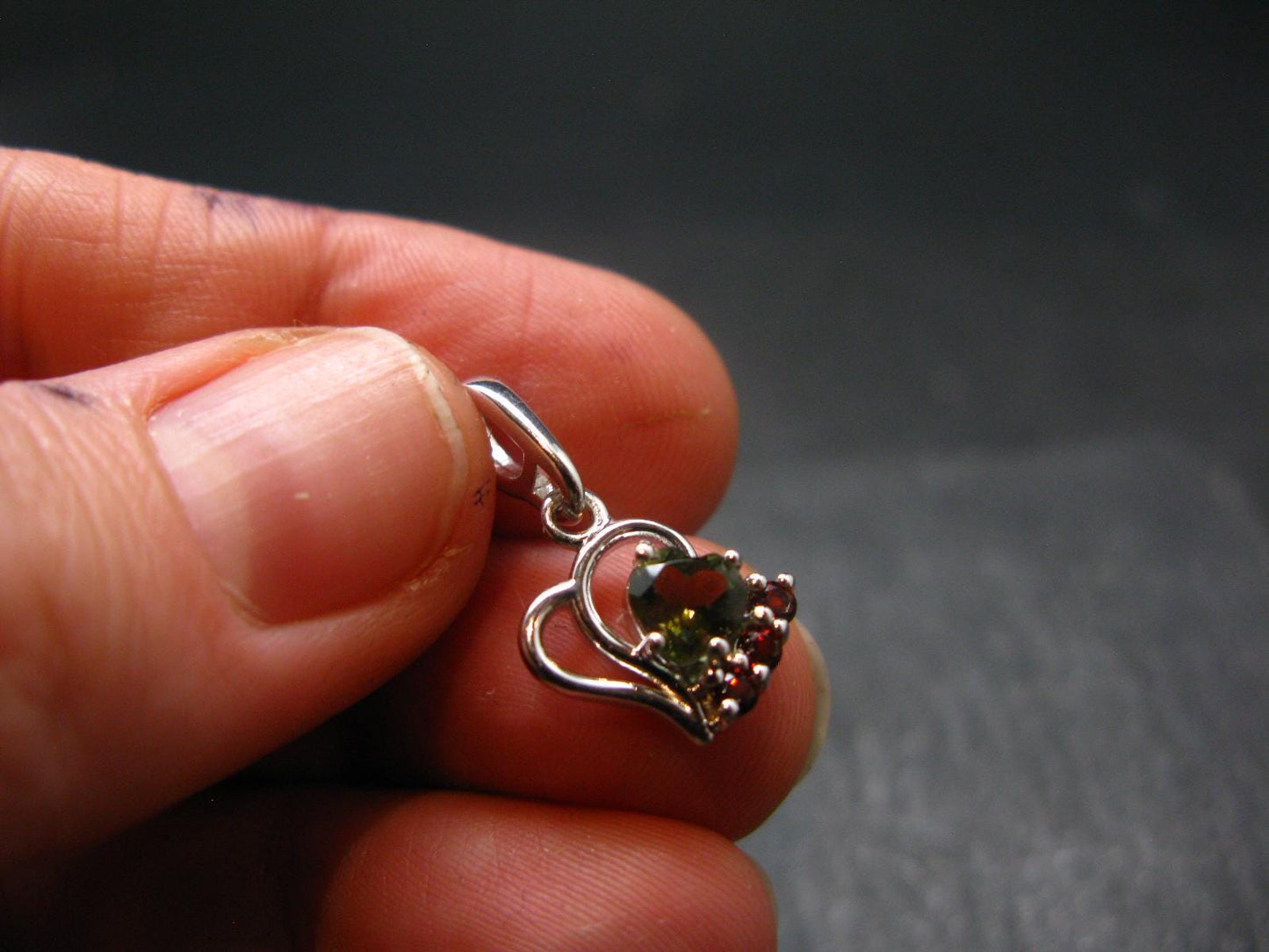 Moldavite Tektite & Red Garnet Silver Pendant from Czech Republic - 0.7"