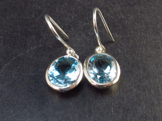 Faceted Natural Sky Blue Topaz Dangle 925 Silver Earrings from Brazil - 1.2" - 4.9 Grams