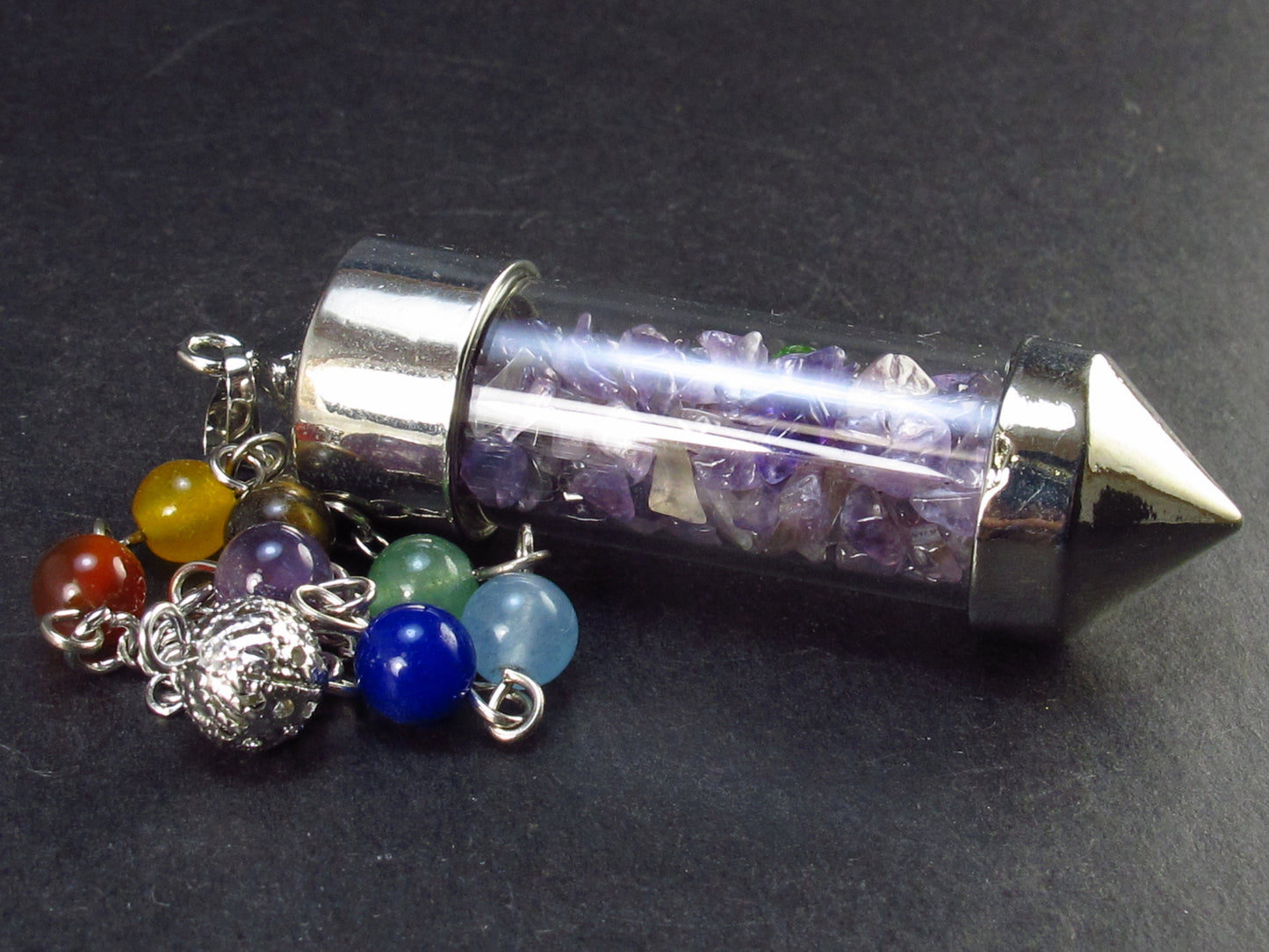 Glass Tube with Amethyst Pendulum and 7 Chakra Beads Chain - 10.6"