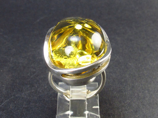 Large Natural Green Baltic Amber Oval Shaped 925 Silver Ring - 13.8 Grams - Size Adjustable