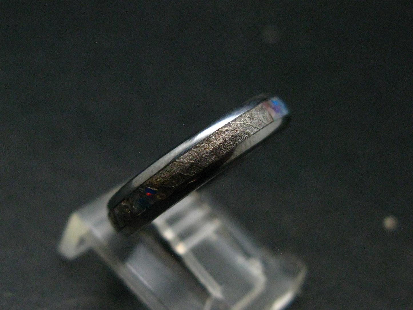 Muonionalusta Meteorite & Opal Steel Ring - 4.54 Grams - Size 6