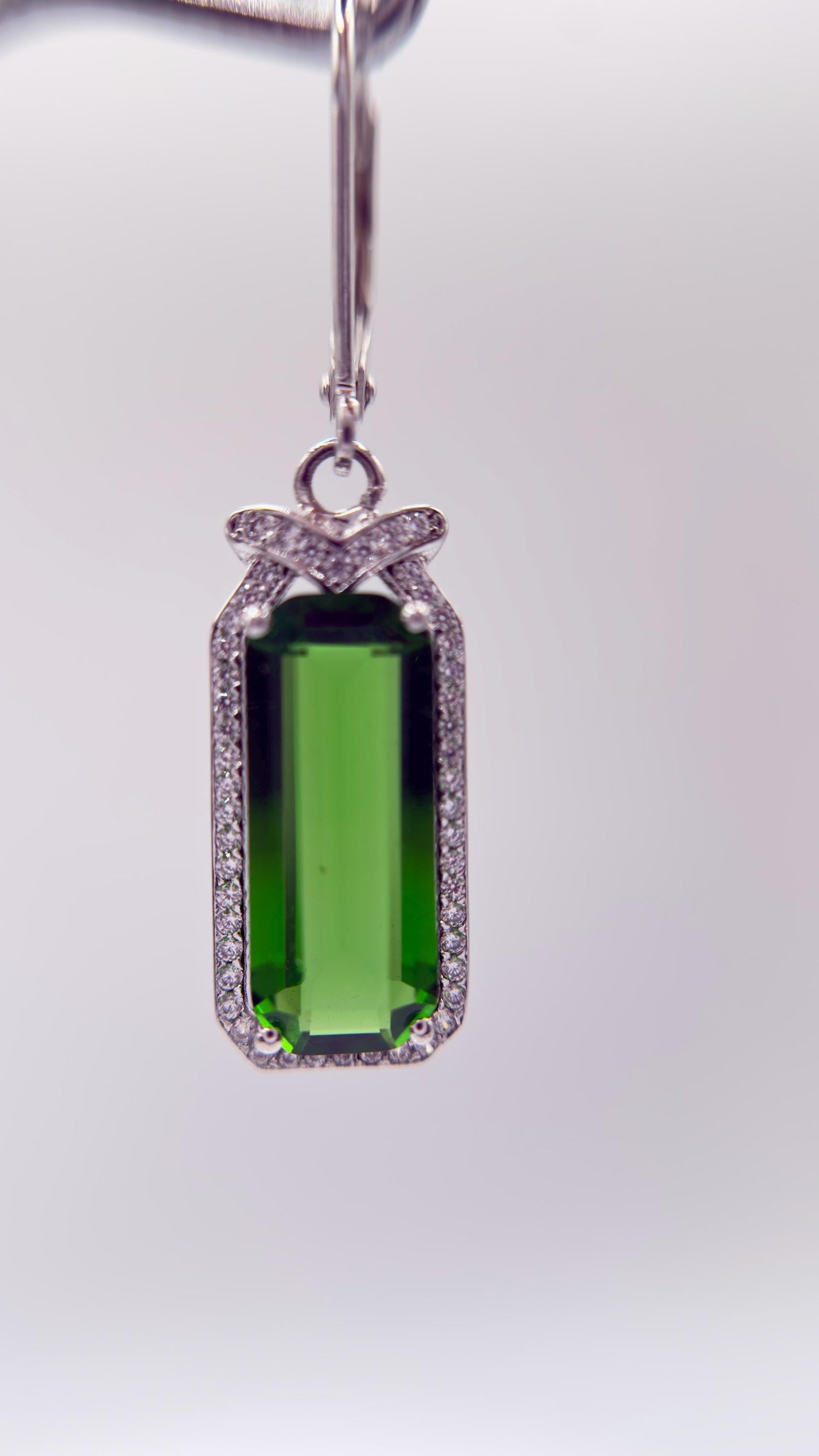 Green Helenite Emerald Cut Earrings – Halo Sterling Silver Dangle Earrings