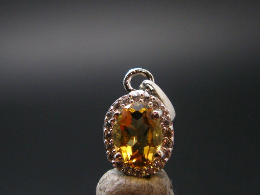 Yellow Citrine Gem Facetted Sterling Silver Pendant From Brazil With CZ - 0.7" - 1.40 Grams