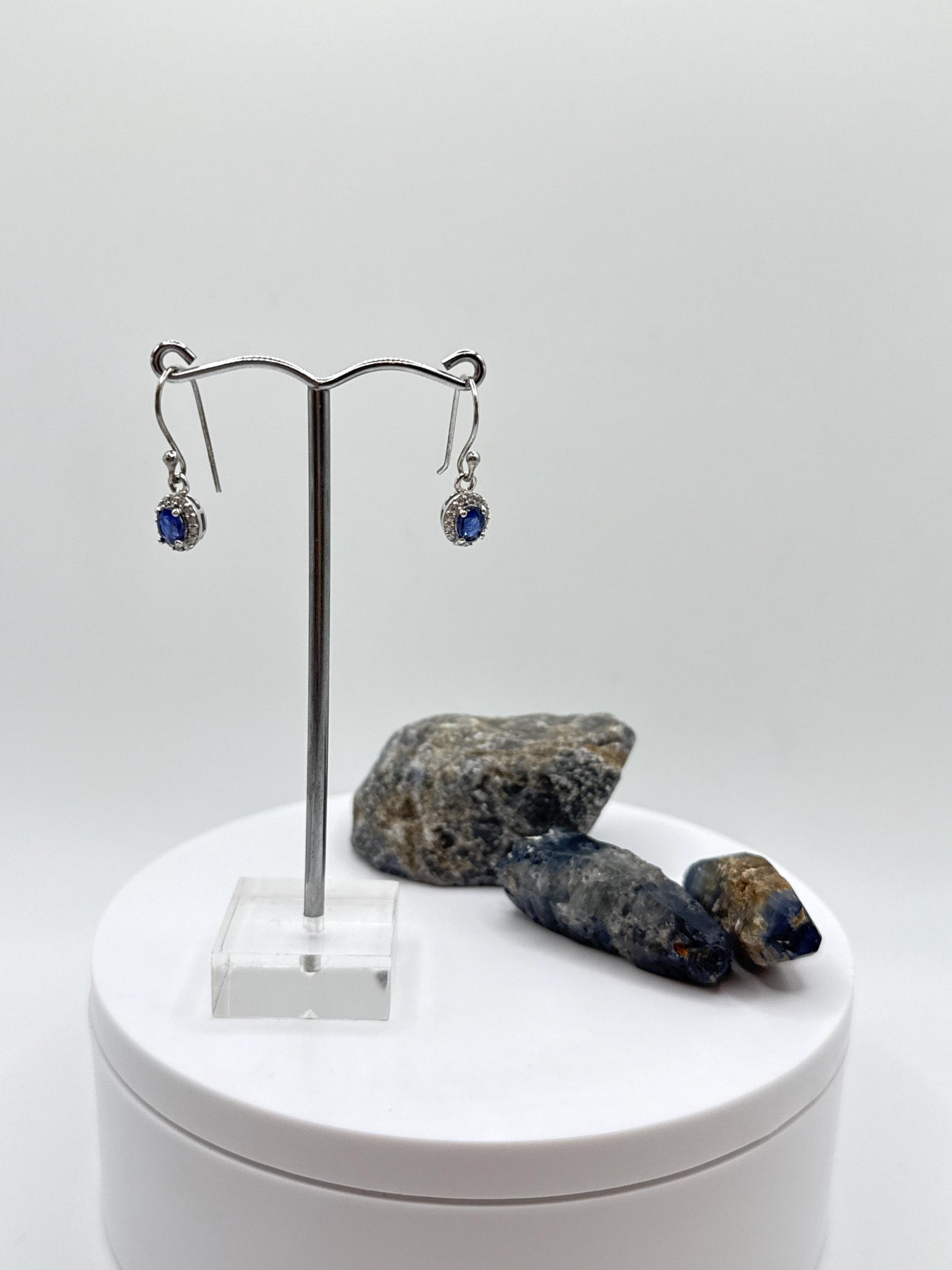 Sapphire Halo Dangle Earrings | Natural Blue Sapphire Drop Earrings | Sterling Silver Earrings | September Birthstone - Weight 2.04 Grams