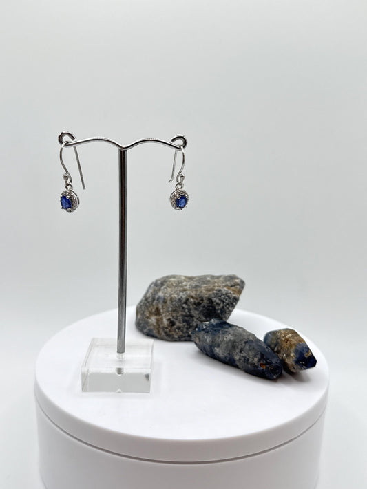 Sapphire Halo Dangle Earrings | Natural Blue Sapphire Drop Earrings | Sterling Silver Earrings | September Birthstone - Weight 2.04 Grams