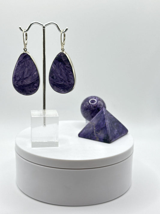 Charoite & Sterling Silver Teardrop Earrings - 24.03 Grams