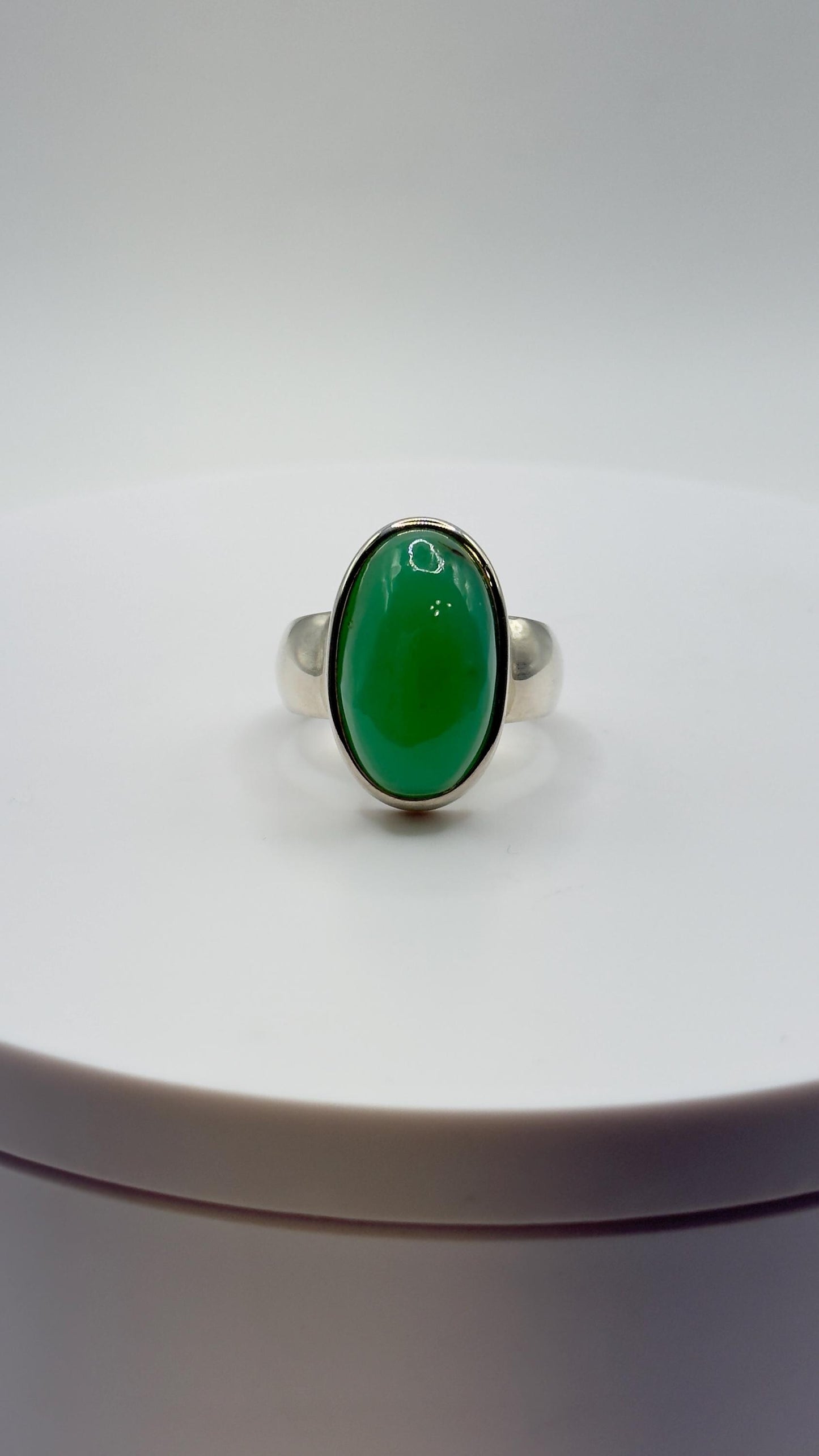 Chrysoprase Oval Ring – Natural Green Chalcedony Sterling Silver Statement Jewelry - Size 8.5