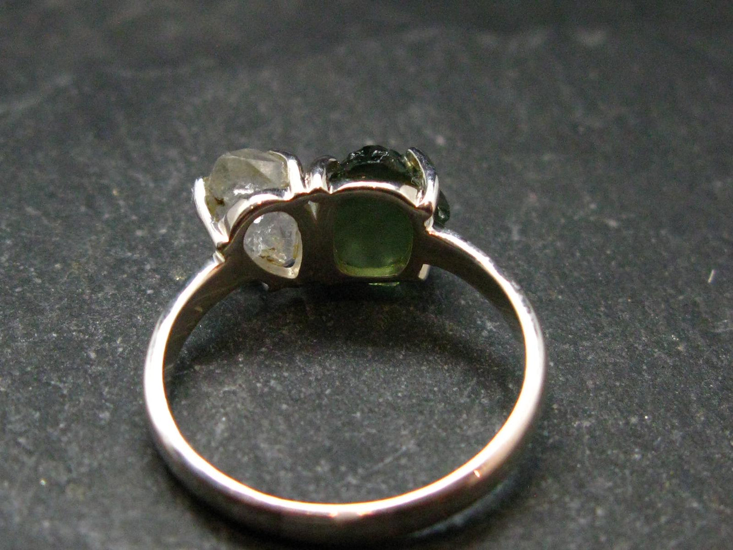Moldavite Tektite and Herkimer Diamond Silver Ring - Size 8 - 2.60 Grams