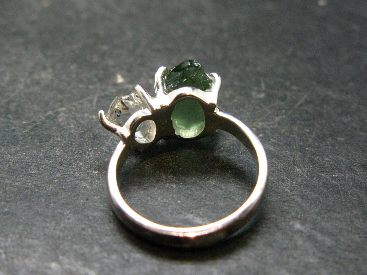 Moldavite Tektite and Herkimer Diamond Silver Ring - Size 5 - 2.84 Grams