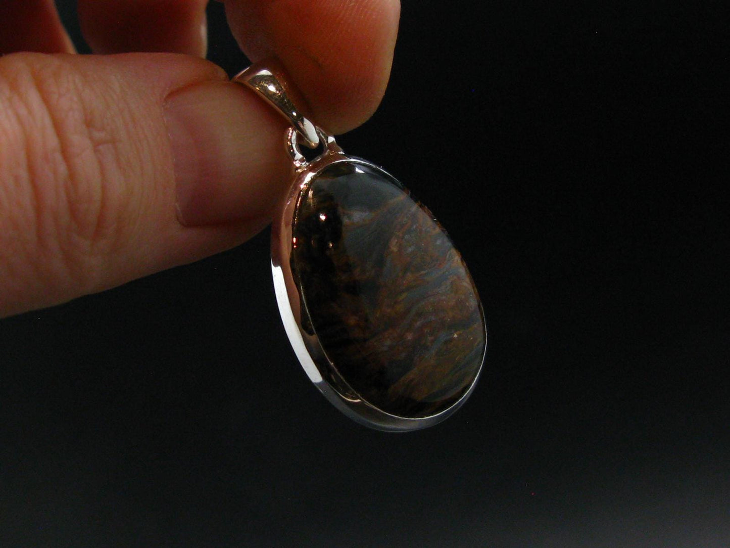 Natural Pietersite Polished Silver Plated Pendant from Namibia - 1.4" - 5.32 Grams