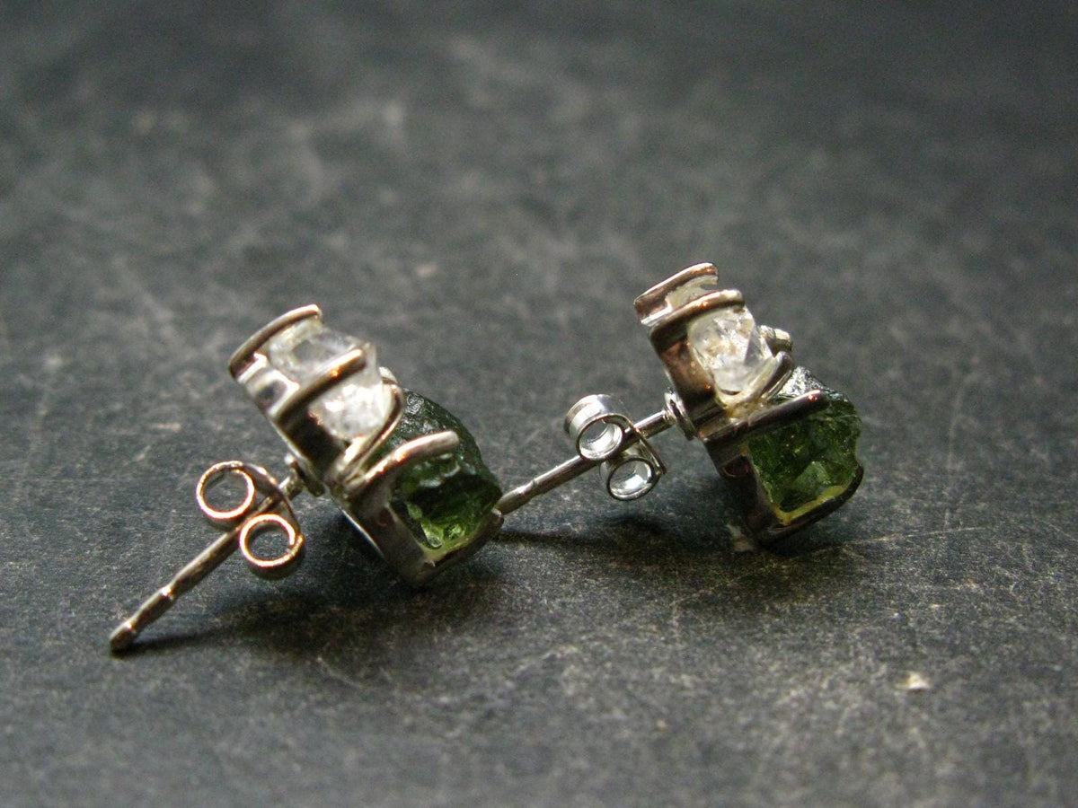 Moldavite & Herkimer Diamond Silver Stud Earrings - 0.7" - 2.61 Grams