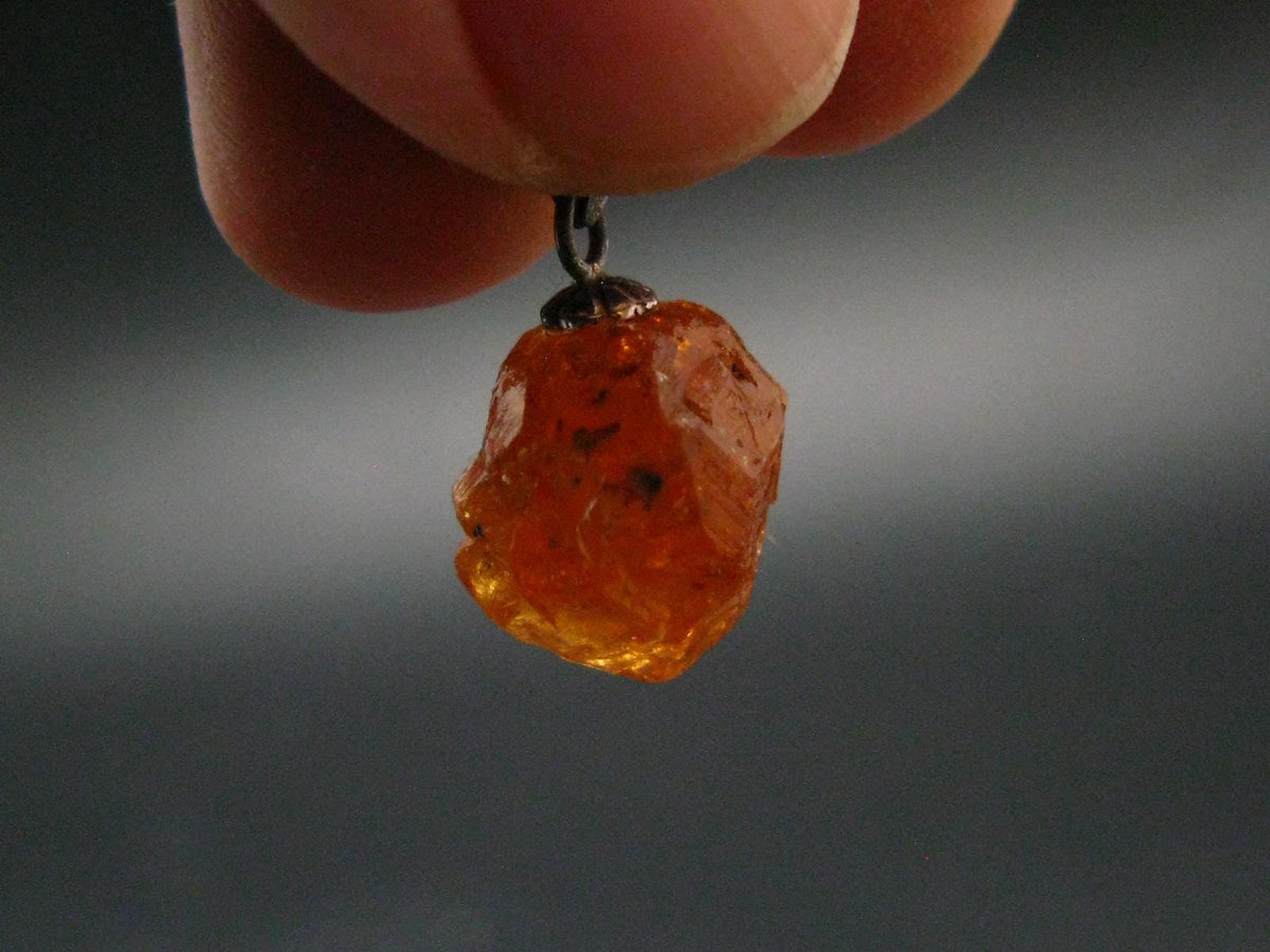 Gem Spessartine Spessartite Orange Garnet Pendant in SS From Tanzania - 0.8" - 2.16 Grams