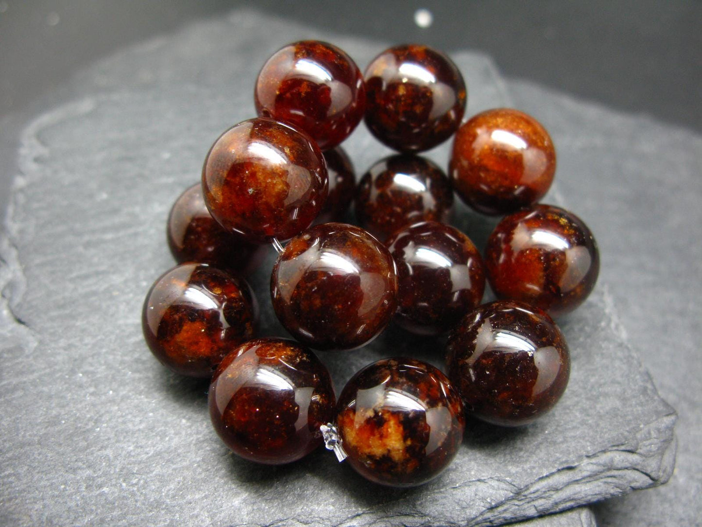 Gem Garnet Hessonite Genuine Bracelet ~ 7.5 Inches ~ 15mm Round Beads