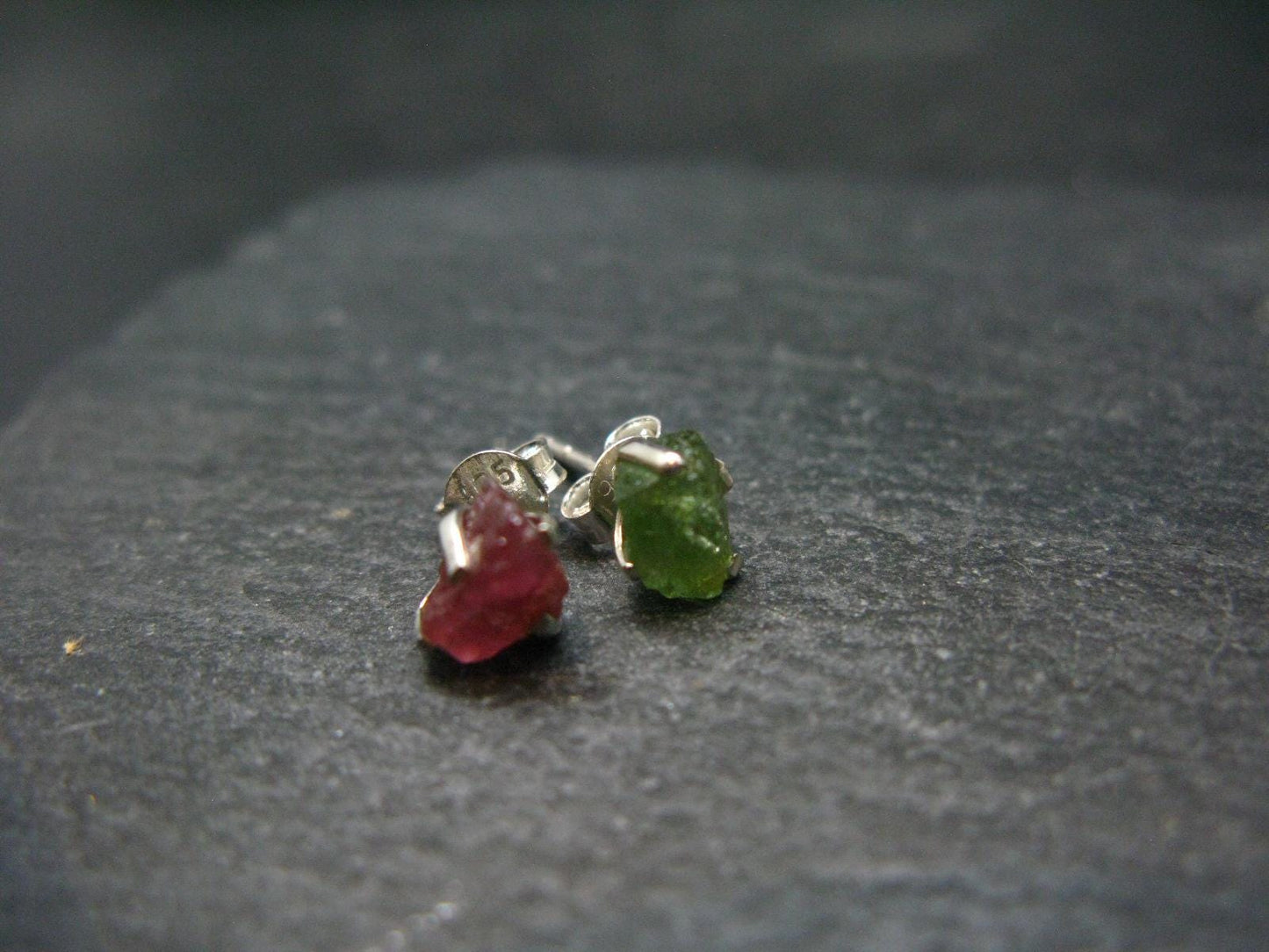 Green & Pink Gem Tourmaline Crystal Silver Studs From Brazil - 0.6"