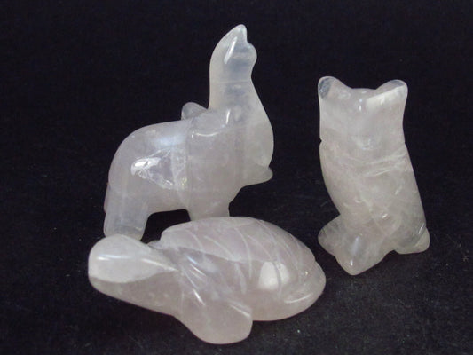 Three Small Natural Rose Quartz Carved Animals - Owl, Turtle, Elephant - 28.9 Grams