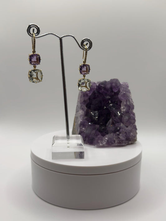 Amethyst & Green Amethyst/ Prasiolite Earrings – Double Gem Drop in Gold Plated Design - Weight 8.79 Grams