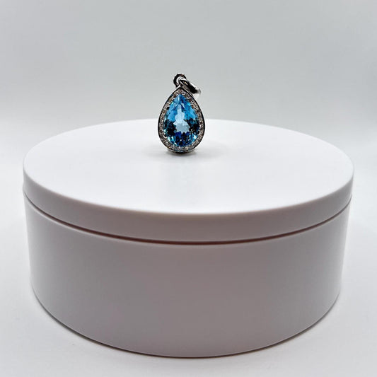 Swiss Blue Topaz Pear-Shaped Pendant with Halo - 10.75 Grams