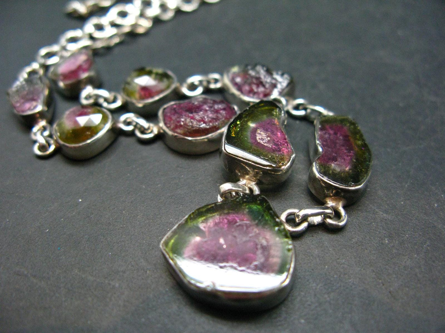 Watermelon Tourmaline Crystal Silver Necklace from Brazil - 18.5" - 25.5 Grams