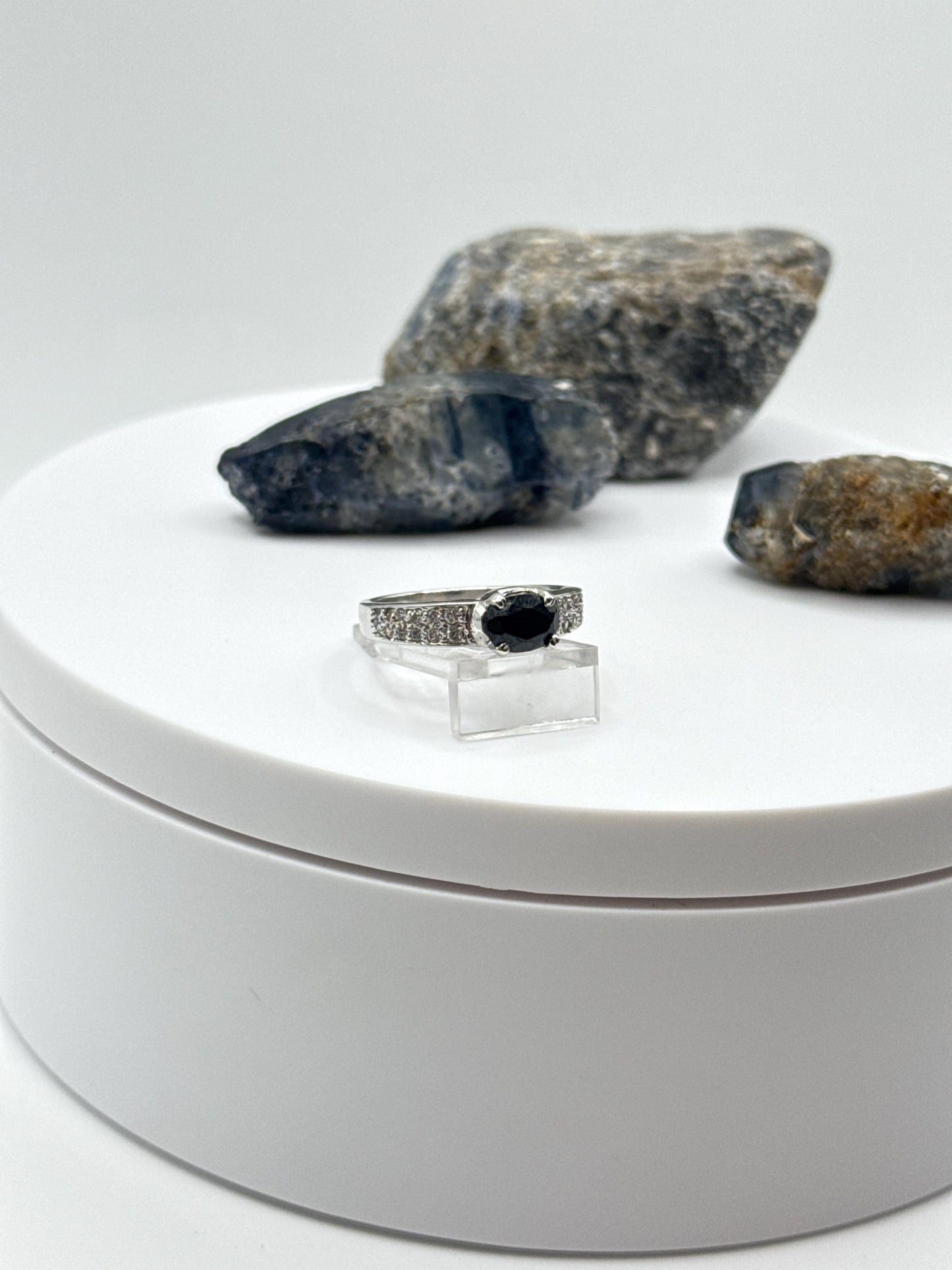 Black Sapphire Cabochon Ring | Sterling Silver Accent Stone Band, Size 6