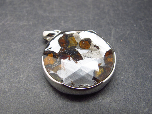 Rare Brahin Meteorite Slice With Olivine Pallasite Silver Pendant from Belarus - 1.2" - 7.76 Grams