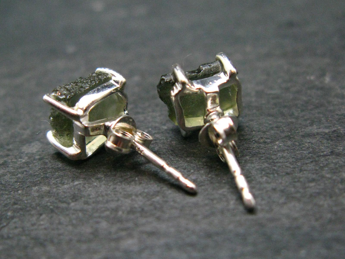 Natural Moldavite Tektite Raw Stud Earrings In Sterling Silver From Czech Republic - 1.56 Grams