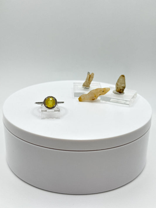 Yellow Sapphire Cabochon Ring | Sterling Silver Halo, September Birthstone - Size 9