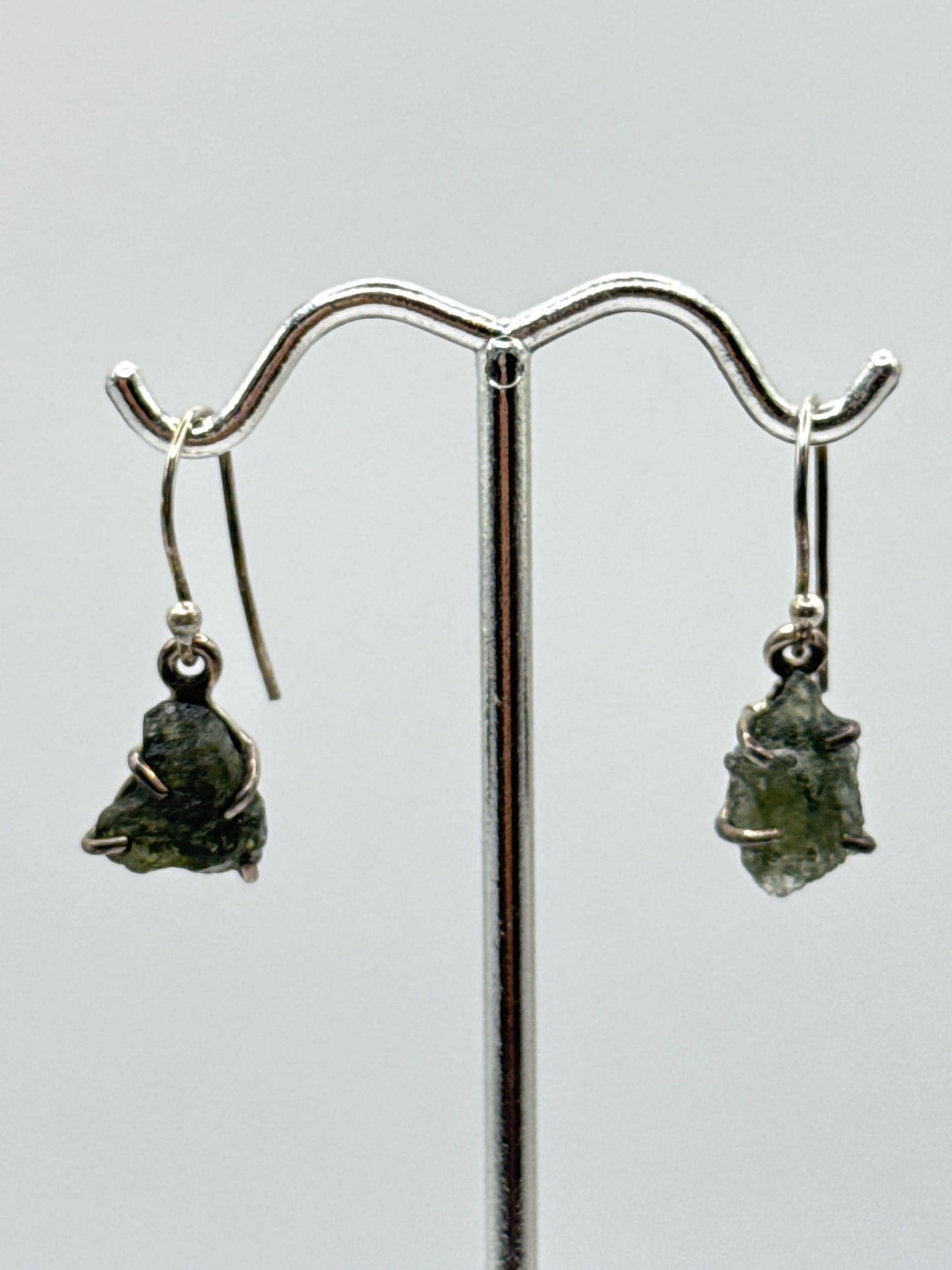 Raw Moldavite Sterling Silver Drop Earrings - Weight 2.37 Grams