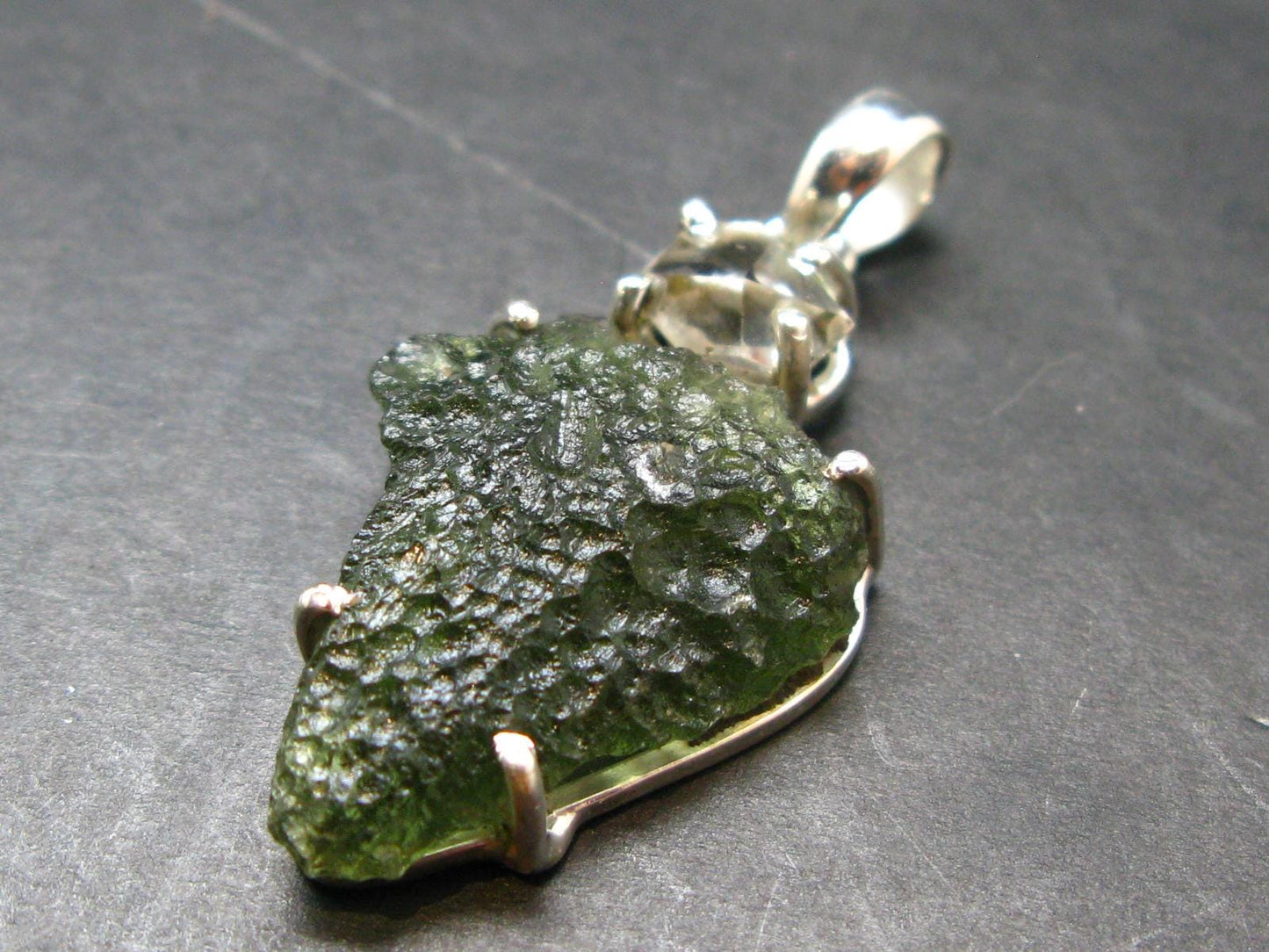 Moldavite & Herkimer Diamond Silver Pendant - 1.7" - 6.7 Grams