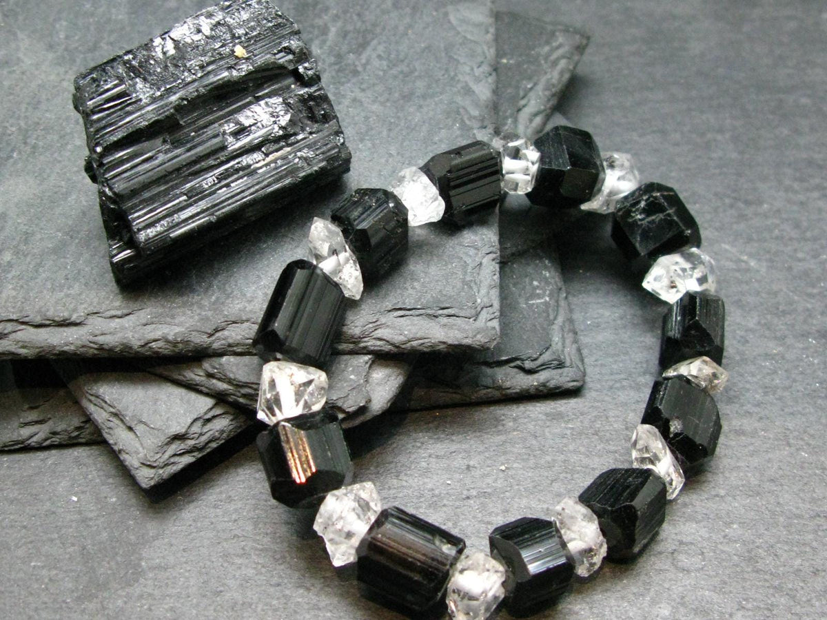 Black Tourmaline & Herkimer Diamond Genuine Bracelet ~ 7 Inches ~ 12mm Crystal Beads