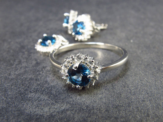 Natural Faceted London Blue Topaz 925 Sterling Silver Set Ring Earring Necklace with CZ - 4.84 Grams