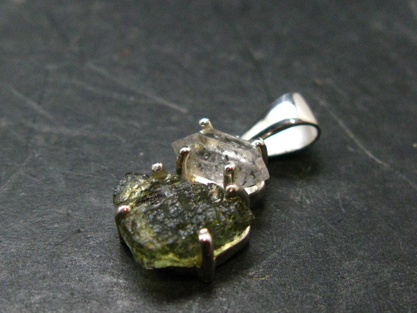 Moldavite & Herkimer Diamond Silver Pendant - 0.9" - 2.0 Grams