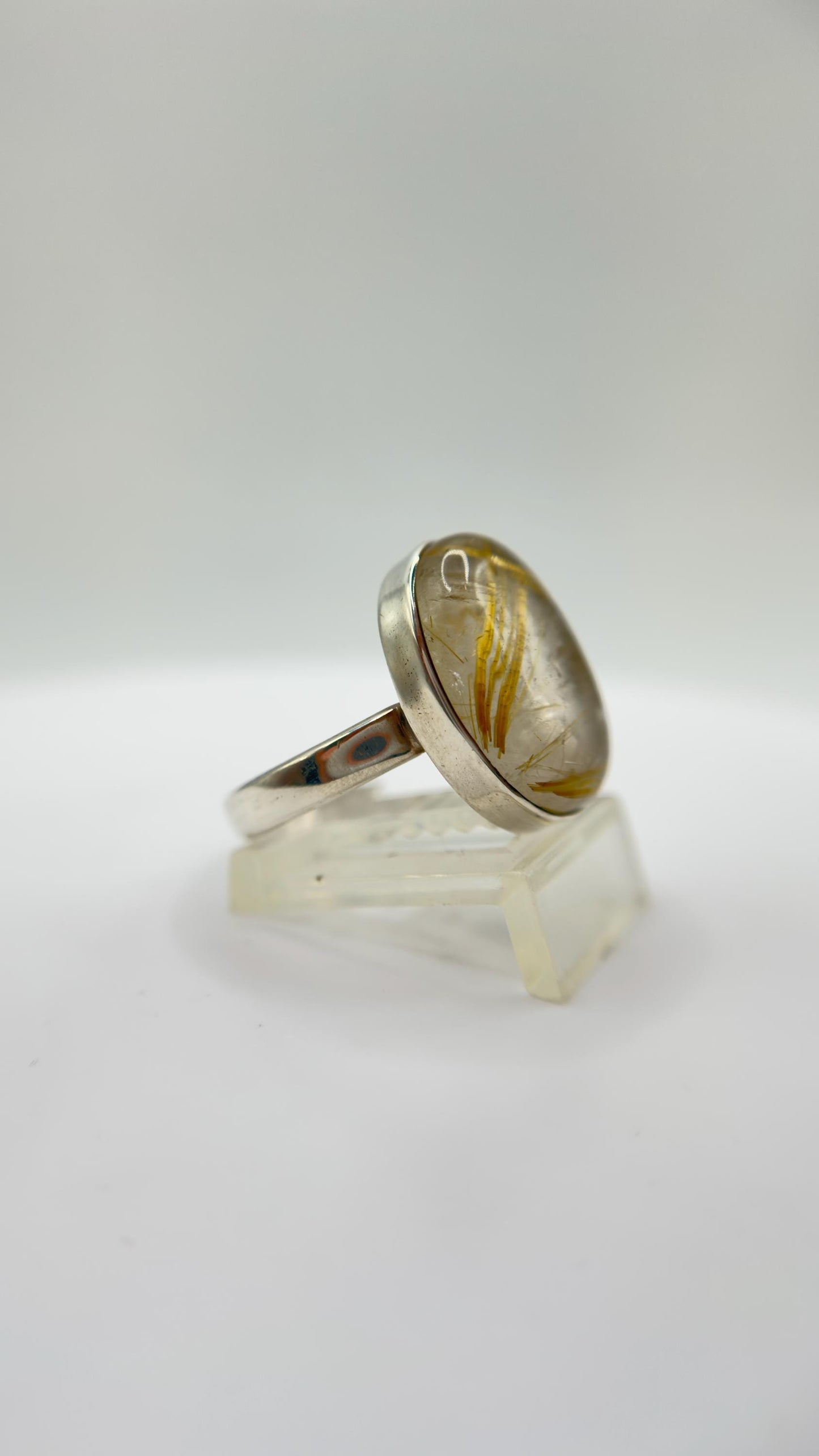 Golden Rutilated Quartz Ring – Large Oval Rutile Crystal Statement Ring - Size 8