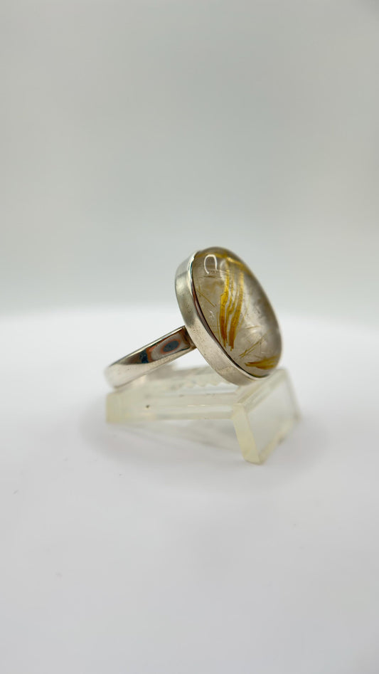 Golden Rutilated Quartz Ring – Large Oval Rutile Crystal Statement Ring - Size 8