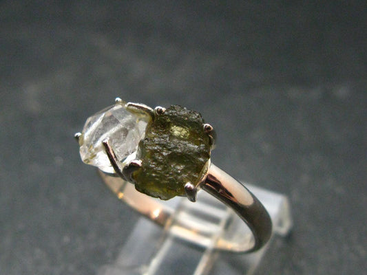 Moldavite Tektite and Herkimer Diamond Silver Ring - Size 9 - 2.71 Grams